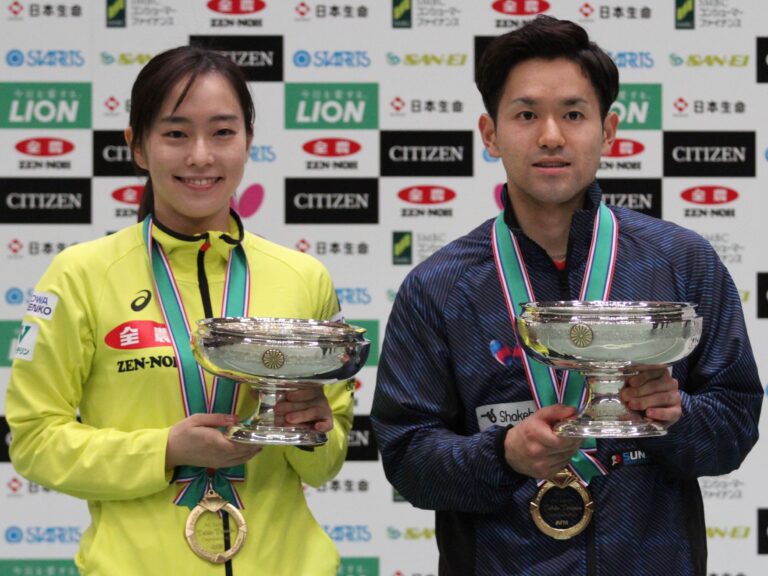 昨年女子シングルス優勝 石川佳純(左)・男子シングルス優勝 及川瑞基(右)【JTTA】