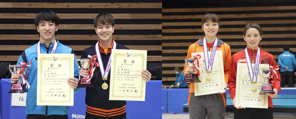 左:男子ダブルス優勝 松山祐季・渡辺裕介組(協和キリン) 右:井絢乃・成本綾海組(中国電力)