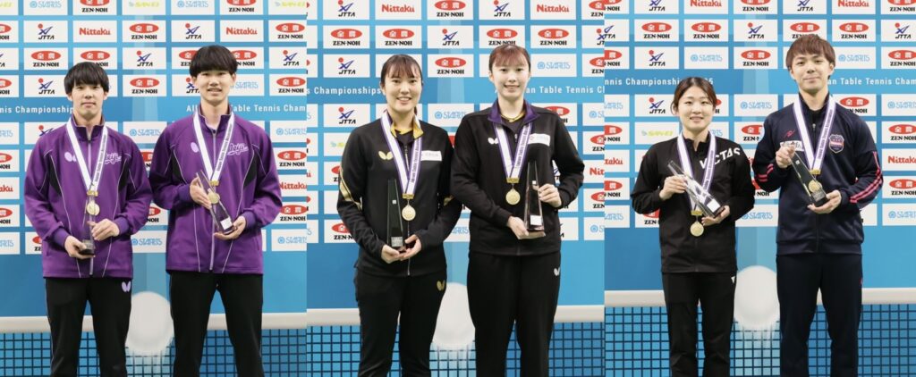 前回大会優勝ペア（左から、男子ダブルス優勝　飯村悠太・木方圭介組、女子ダブルス優勝　笹尾明日香・麻生麗名組、混合ダブルス優勝　安藤みなみ・木造勇人組）